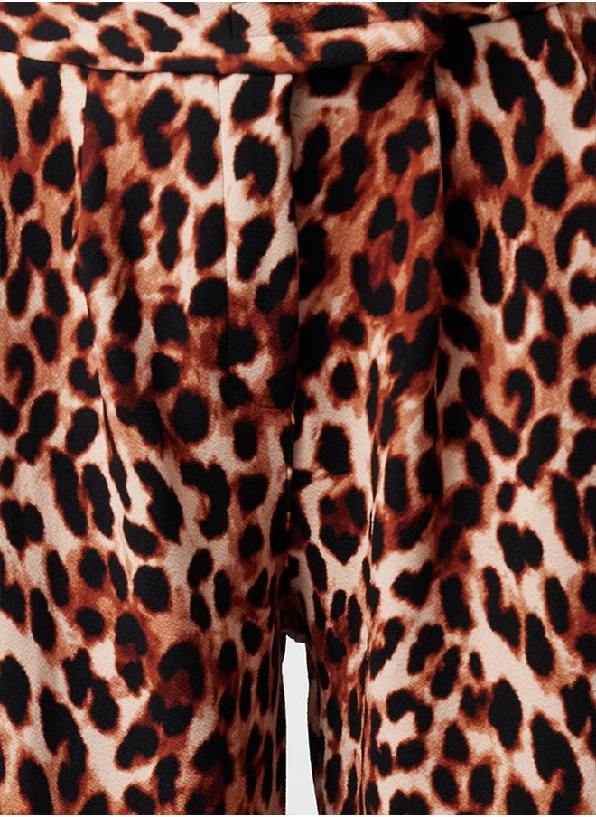 trendyol Brown Leopard Patterned High Waist Pleated Wide Leg Trousers with Velcro Belt TWOAW24PL00177  - Image 3