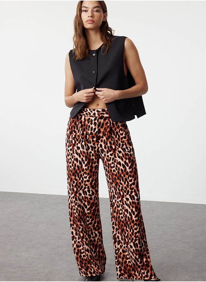 trendyol Brown Leopard Patterned High Waist Pleated Wide Leg Trousers with Velcro Belt TWOAW24PL00177  - Image 1