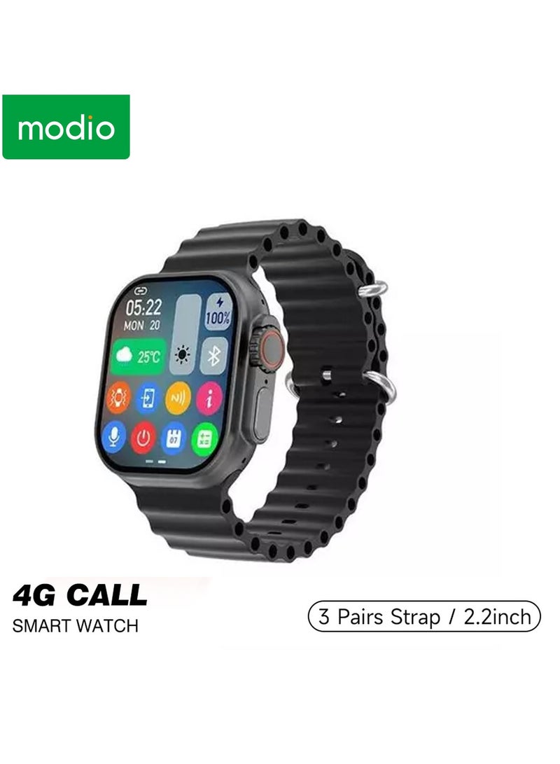 Modio 4G Call 2.2 Inch Full Screen Display Sim Card Supporting Smart Watch With 3 Pair Straps and Wireless Charger For Ladies and Gents Black - Image 1