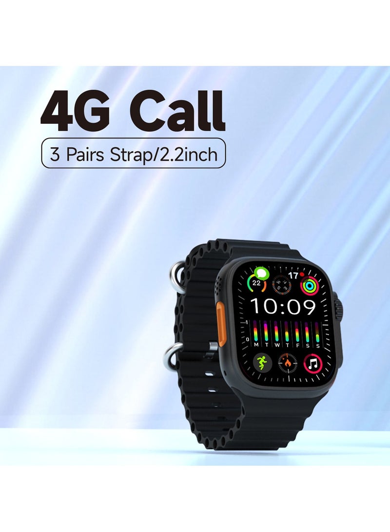 Modio 4G Call 2.2 Inch Full Screen Display Sim Card Supporting Smart Watch With 3 Pair Straps and Wireless Charger For Ladies and Gents Black - Image 4