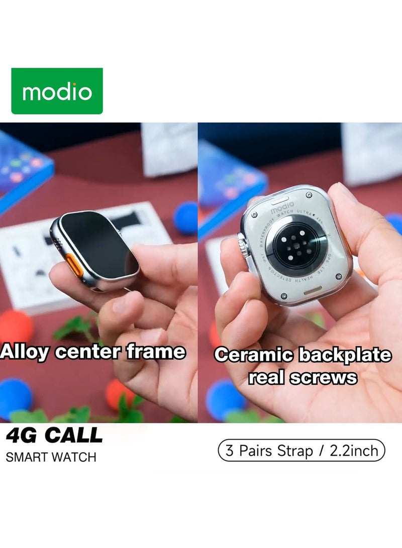 Modio 4G Call 2.2 Inch Full Screen Display Sim Card Supporting Smart Watch With 3 Pair Straps and Wireless Charger For Ladies and Gents Black - Image 5