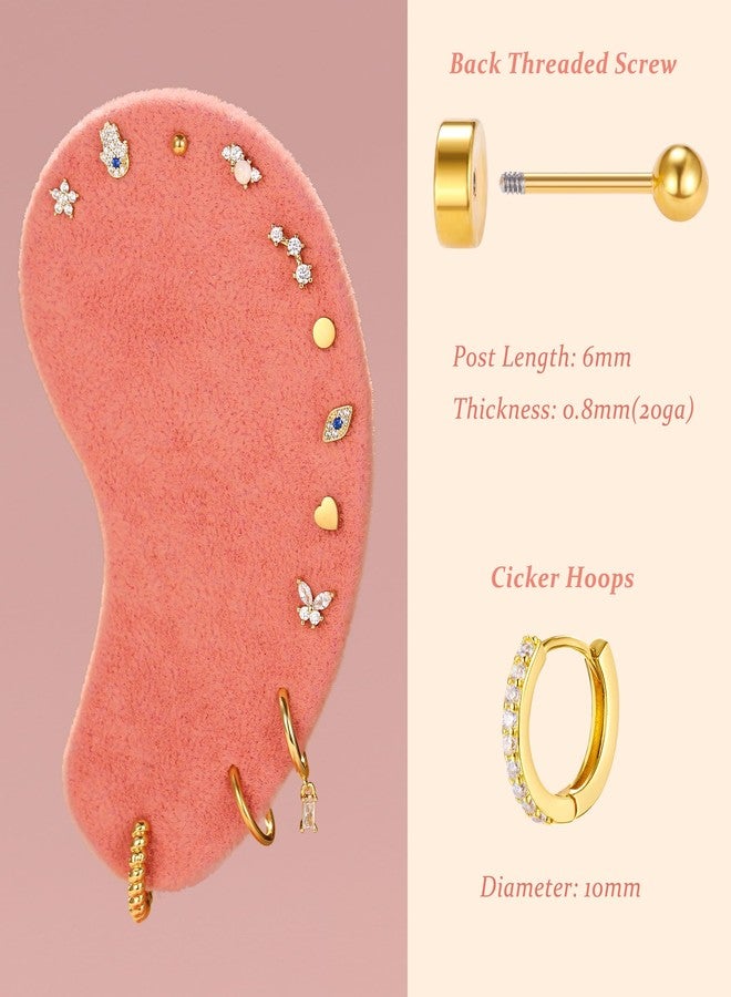 KRFY 25Pcs Hypoallergenic Surgical Steel Earrings for Sensitive Ears 14K Gold Plated Flat Back Cartilage Earrings for Women Men Screw Back Flatback Stud Hoop Earring Set for Multiple Piercing, - Image 2