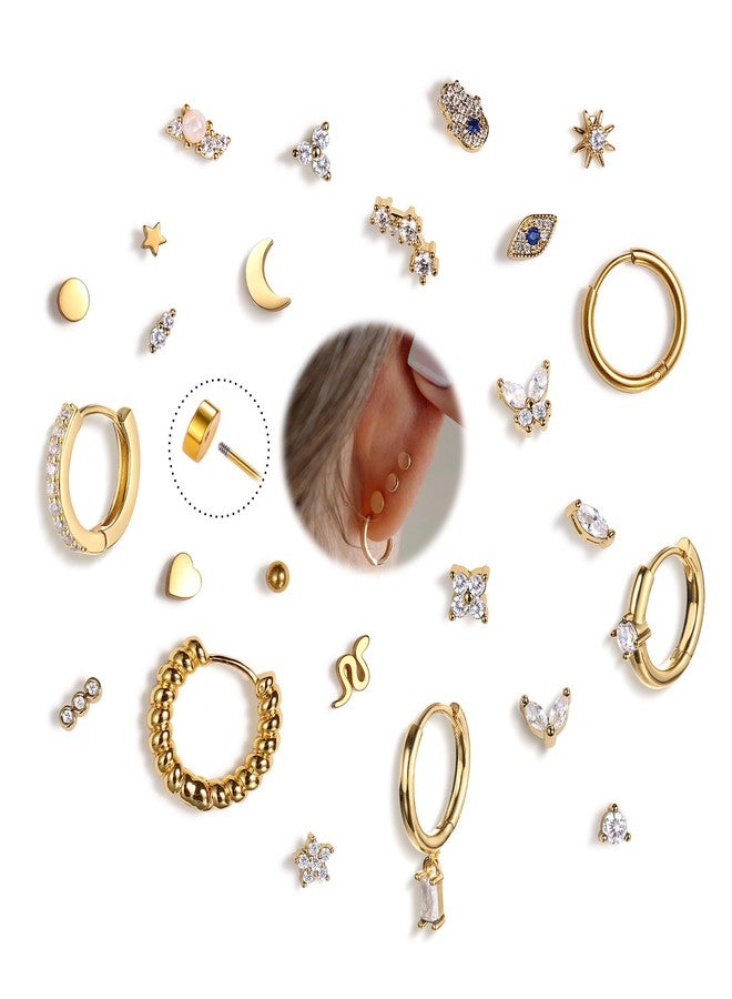 KRFY 25Pcs Hypoallergenic Surgical Steel Earrings for Sensitive Ears 14K Gold Plated Flat Back Cartilage Earrings for Women Men Screw Back Flatback Stud Hoop Earring Set for Multiple Piercing, - Image 1