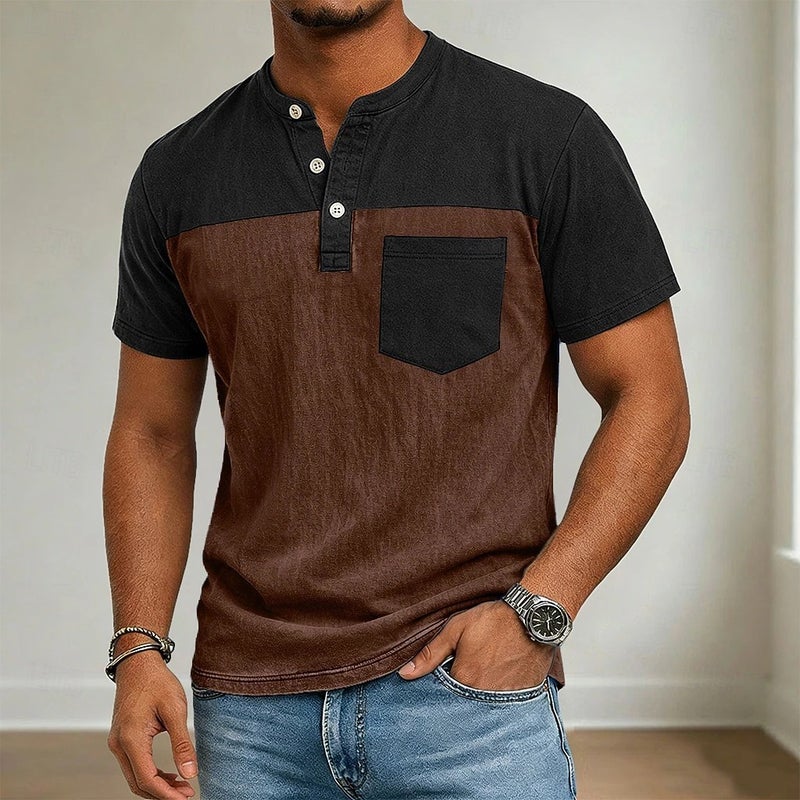 تيشيرت هنلي بأكمام قصيرة للرجال بتصميم كتل ملونة - Image 1