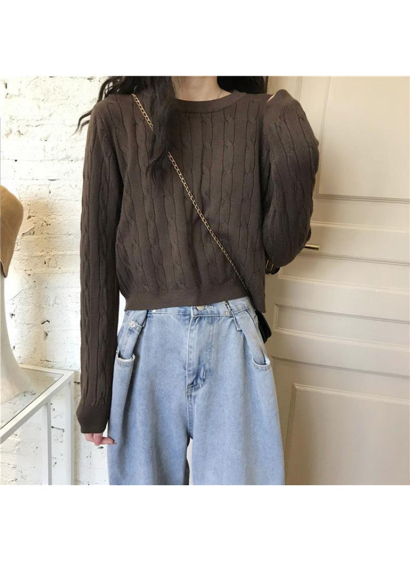 Generic - Womens Knitted Sweater Pullover 2024 Autumn/Winter New Style Round Neck Thickened Base Layer Inner Top Outer Wear Dark brown - Image 1