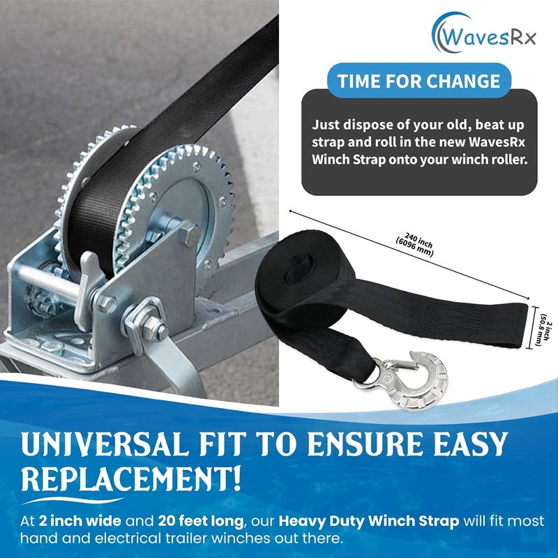 WavesRx 2" x 20' Boat Trailer Winch Strap Replacement with Marine Grade Stainless Steel Hook | 5,500 lbs (2.5T) Capacity for Safe & Secure Retrieval, Launching & Transporting of Your Boat or Pontoon - Image 5