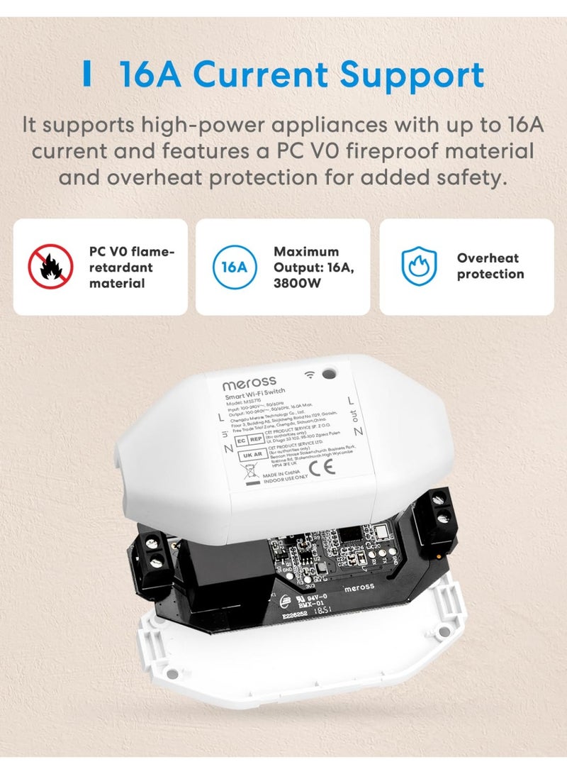 Meross Matter Smart DIY Switch with Energy Monitor, 16A Wireless Relay WiFi Switch Works with Alexa/HomeKit/Google Home, Smart Switch Module Voice & Remote Control, Neutral Wire Required - Image 2