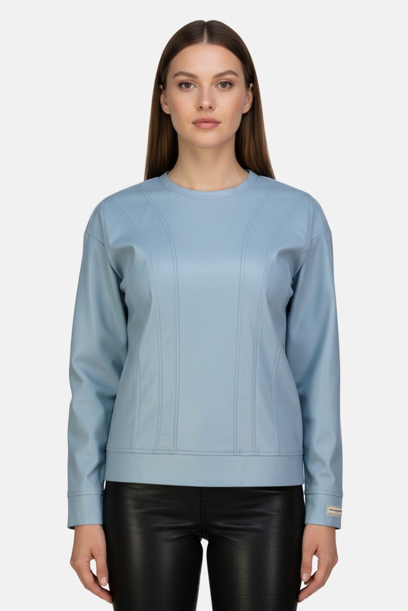 The Giving Movement Women Crew Neck Long Sleeve Plain Pleather Panelled Sweatshirt, Pastel Blue - Image 1