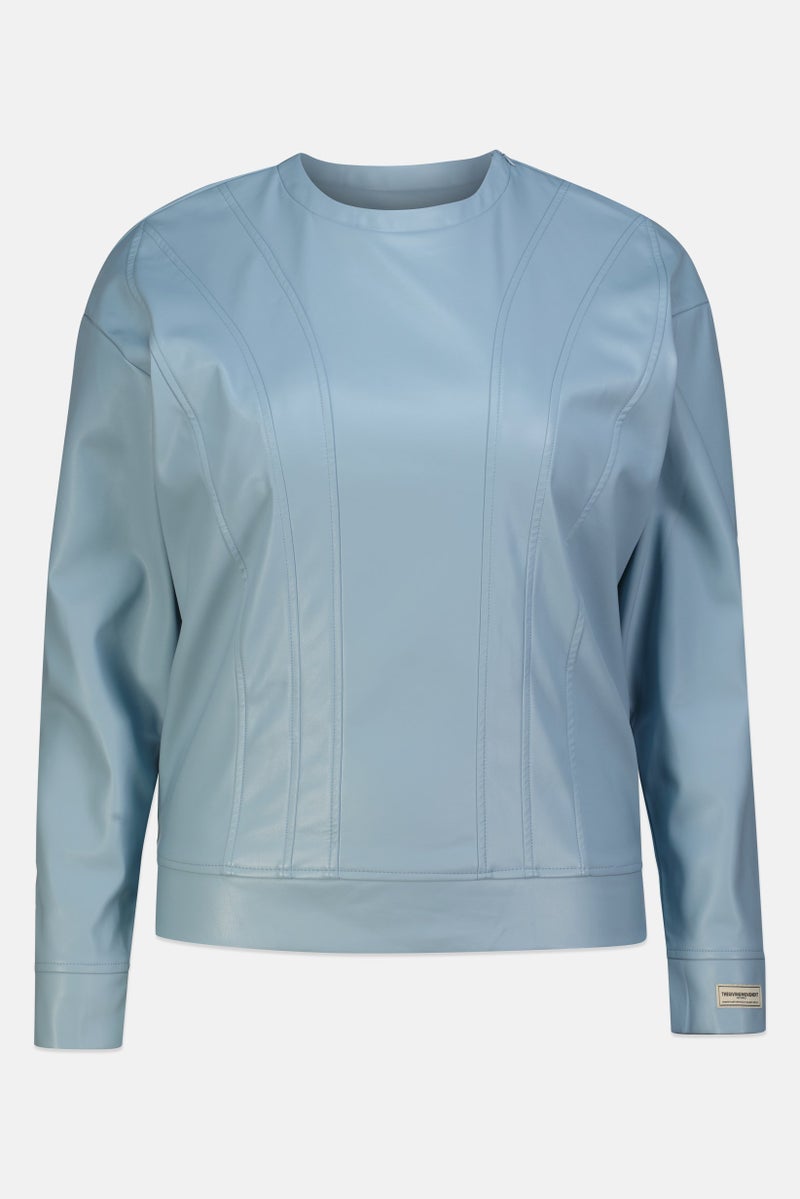 The Giving Movement Women Crew Neck Long Sleeve Plain Pleather Panelled Sweatshirt, Pastel Blue - Image 2