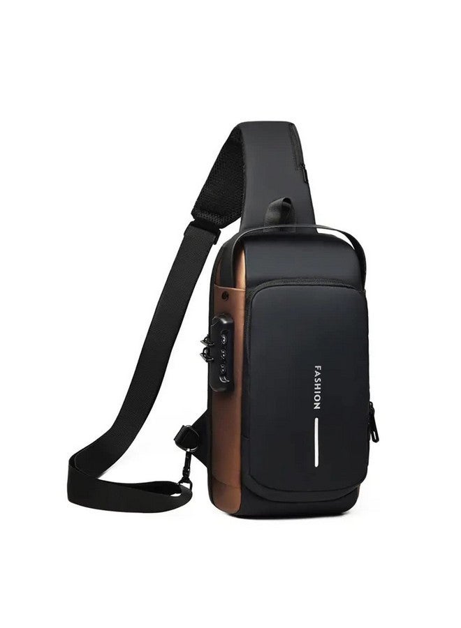 MEZON Unisex Multi-Functional Chest Bag With USB Port - Crossbody, Sports, Waterproof, Anti-Thief Number Lock Shoulder Messenger for Travel and Business (Black With Brown) - Image 1