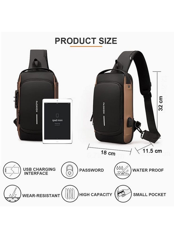 MEZON Unisex Multi-Functional Chest Bag With USB Port - Crossbody, Sports, Waterproof, Anti-Thief Number Lock Shoulder Messenger for Travel and Business (Black With Brown) - Image 2