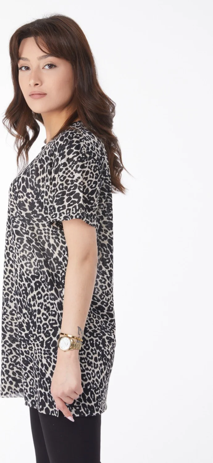 Tofisa Plain Crew Neck Women's Beige Leopard Patterned T-Shirt - 24741