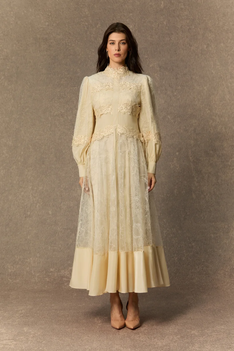 سنفير Deep Dreams Beige Lace Embroidered Lantern Sleeve Maxi Dress