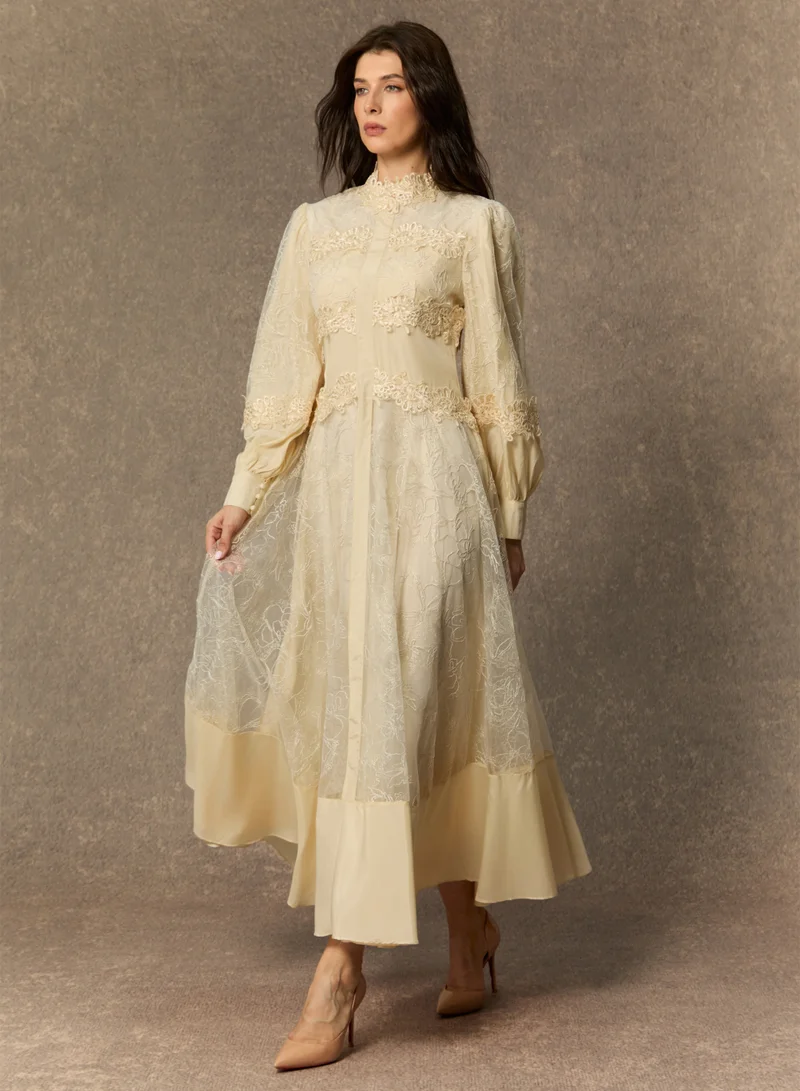 Sunfere Deep Dreams Beige Lace Embroidered Lantern Sleeve Maxi Dress