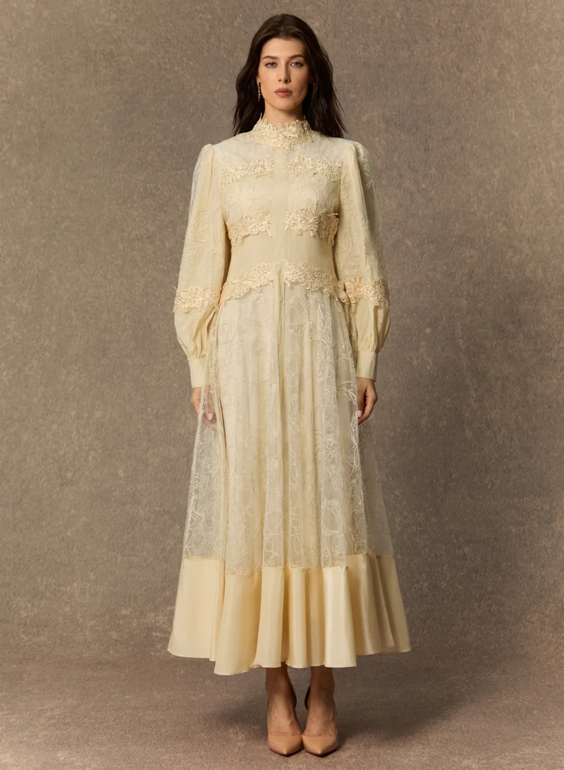 Sunfere Deep Dreams Beige Lace Embroidered Lantern Sleeve Maxi Dress