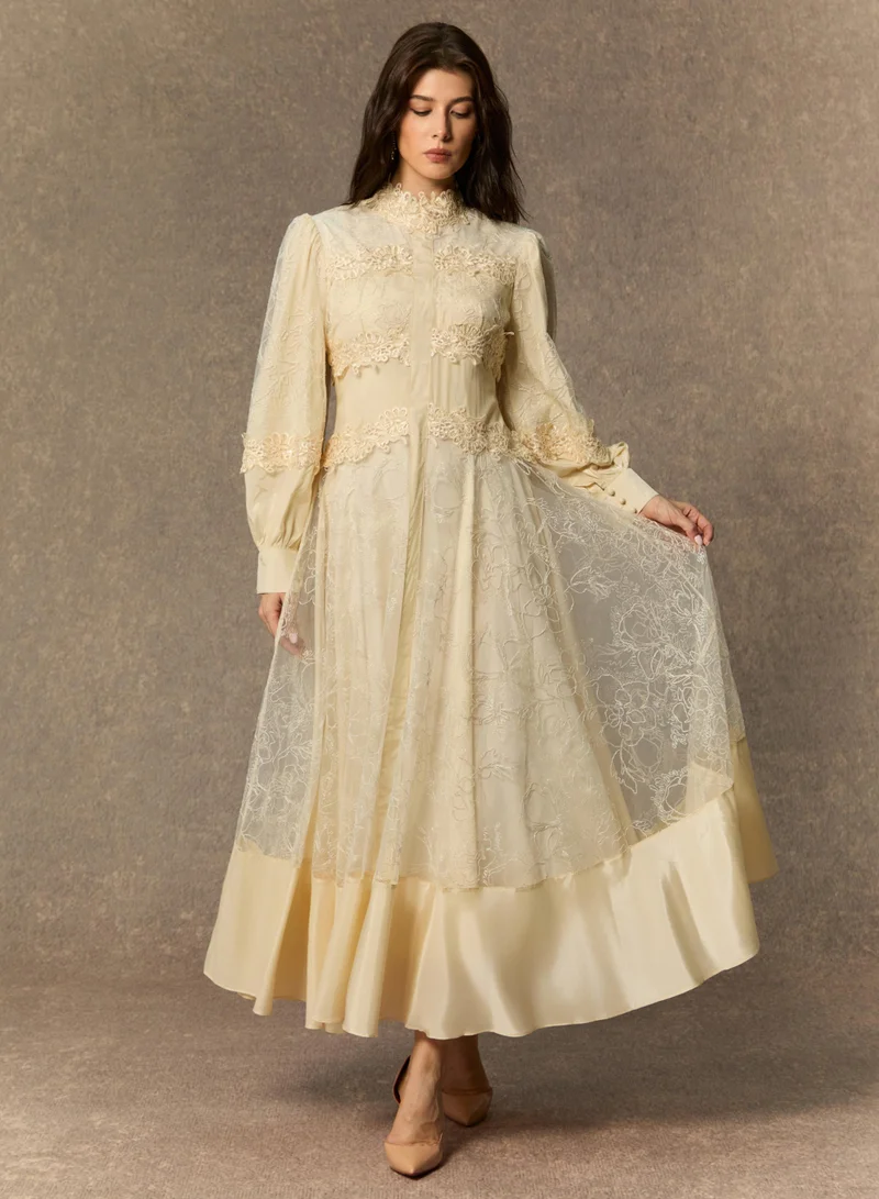 Sunfere  Deep Dreams Beige Lace Embroidered Lantern Sleeve Maxi Dress for Women | Best Price UAE