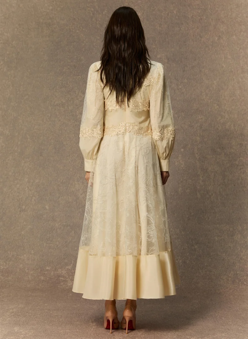 Sunfere  Deep Dreams Beige Lace Embroidered Lantern Sleeve Maxi Dress for Women | Best Price UAE