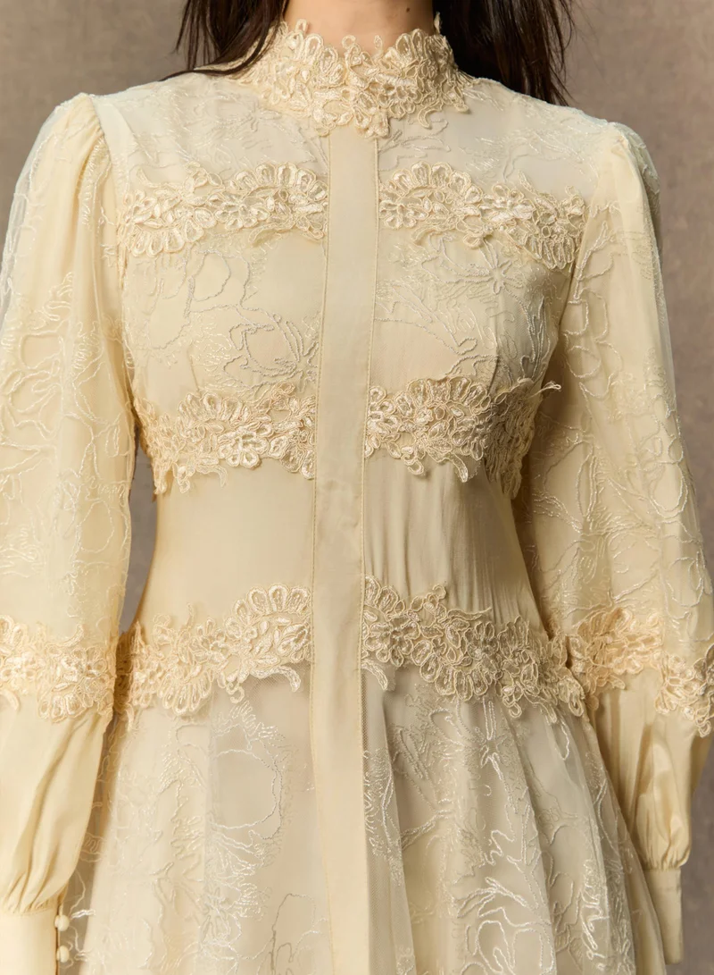 Sunfere  Deep Dreams Beige Lace Embroidered Lantern Sleeve Maxi Dress for Women | Best Price UAE