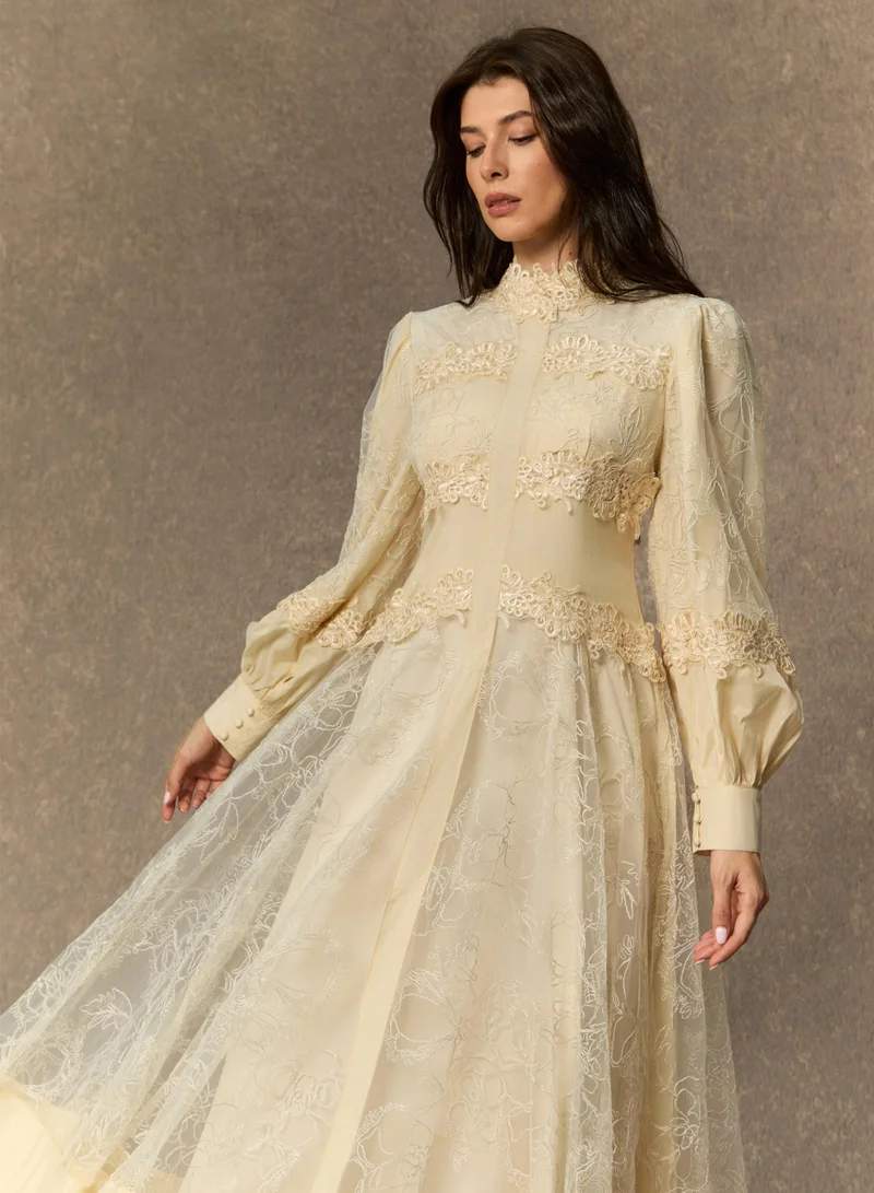 Sunfere  Deep Dreams Beige Lace Embroidered Lantern Sleeve Maxi Dress for Women | Best Price UAE