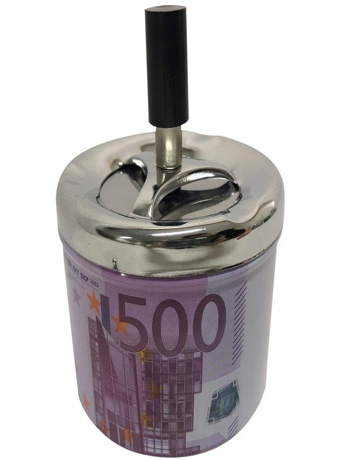 NewFerU Smokeless Metal Tin Push Down Ashtray for Cigarettes Cigars With Spinning Tray Lid Covered Portable Ash Tray Bucket for Home Tabletop,Patio,Sand,Car,Auto,Outdoors,Indoors (Euro Sign 500) - Image 1