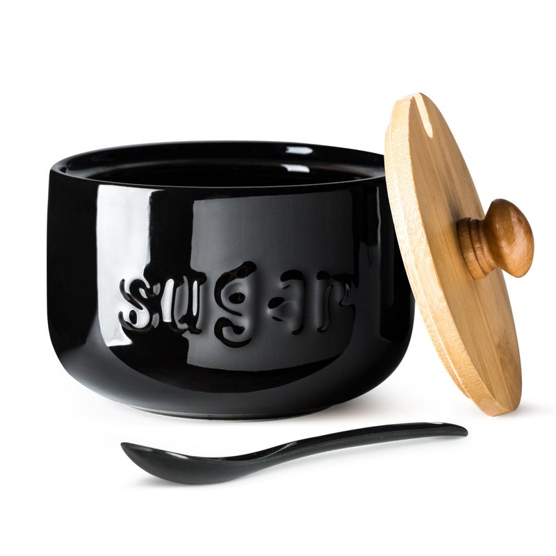LYEOBOH Black Sugar Bowl with Lid and Spoon 17 OZ Sugar Jar Sugar Container for Coffee Bar Ceramic Jar with Lid Sugar Bowls for Countertop Azucarera for Kitchen
