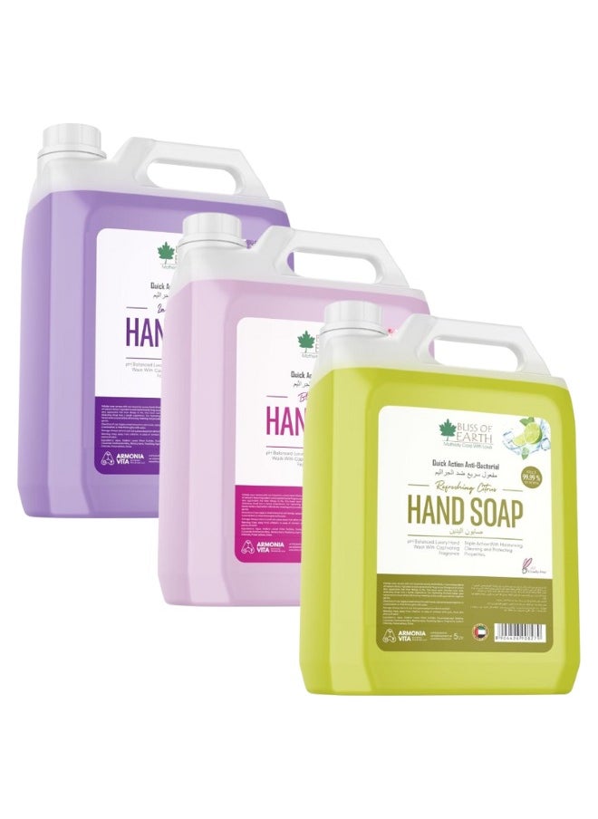 BLISS OF EARTH Hand Wash Refill, Refreshing Lavish Lavender & Blossom Blast & Citrus Pack of 3, 15 Litres  - Image 1