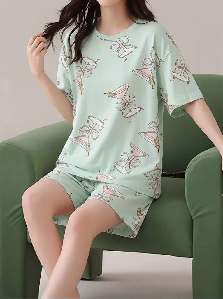 SMOWKLY Korean Night Dress || Shorts Set ||Korean Nightsuit || Women Nightwear ||Round Neck Half Sleeve Nightsuit || Loungewear || Everyday Nightdress(1669_PST_XS - Image 4