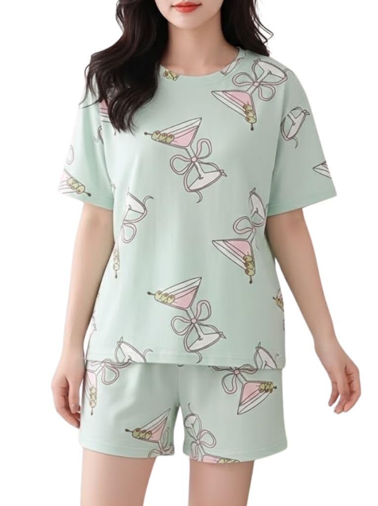 SMOWKLY Korean Night Dress || Shorts Set ||Korean Nightsuit || Women Nightwear ||Round Neck Half Sleeve Nightsuit || Loungewear || Everyday Nightdress(1669_PST_XS - Image 1