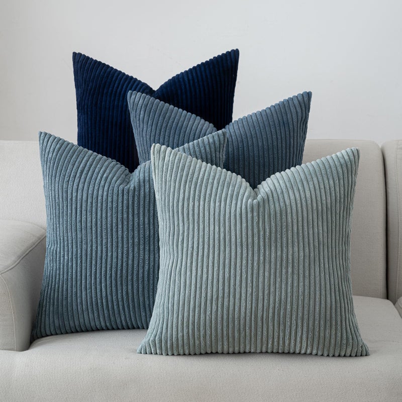 Volcanics Set of 4 Dusty Blue Navy Series Corduroy Decorative Couch Throw Pillow Covers 18x18 Inch, Soft Modern Boho Striped Cushion Cases for Patio, Balcony, Children Bedroom, Summer Gradient Shams - Image 1