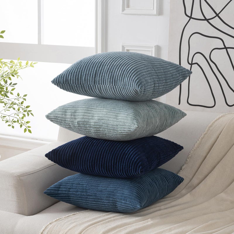Volcanics Set of 4 Dusty Blue Navy Series Corduroy Decorative Couch Throw Pillow Covers 18x18 Inch, Soft Modern Boho Striped Cushion Cases for Patio, Balcony, Children Bedroom, Summer Gradient Shams - Image 2