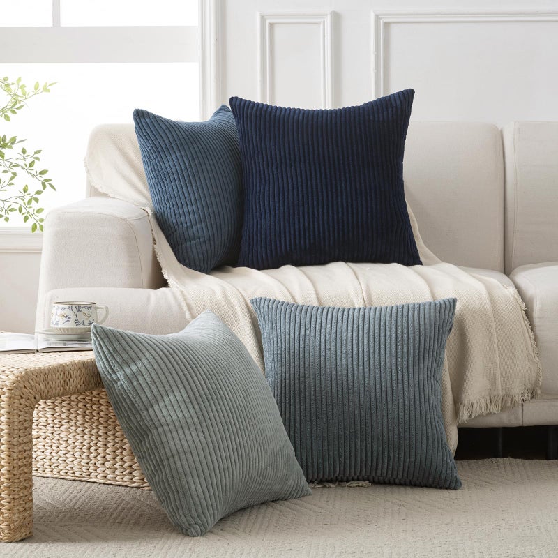 Volcanics Set of 4 Dusty Blue Navy Series Corduroy Decorative Couch Throw Pillow Covers 18x18 Inch, Soft Modern Boho Striped Cushion Cases for Patio, Balcony, Children Bedroom, Summer Gradient Shams - Image 5