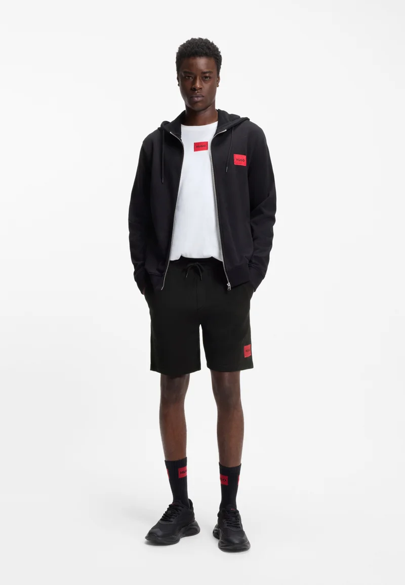 HUGO Black Cotton-terry shorts with red logo label for Men | Best Price UAE