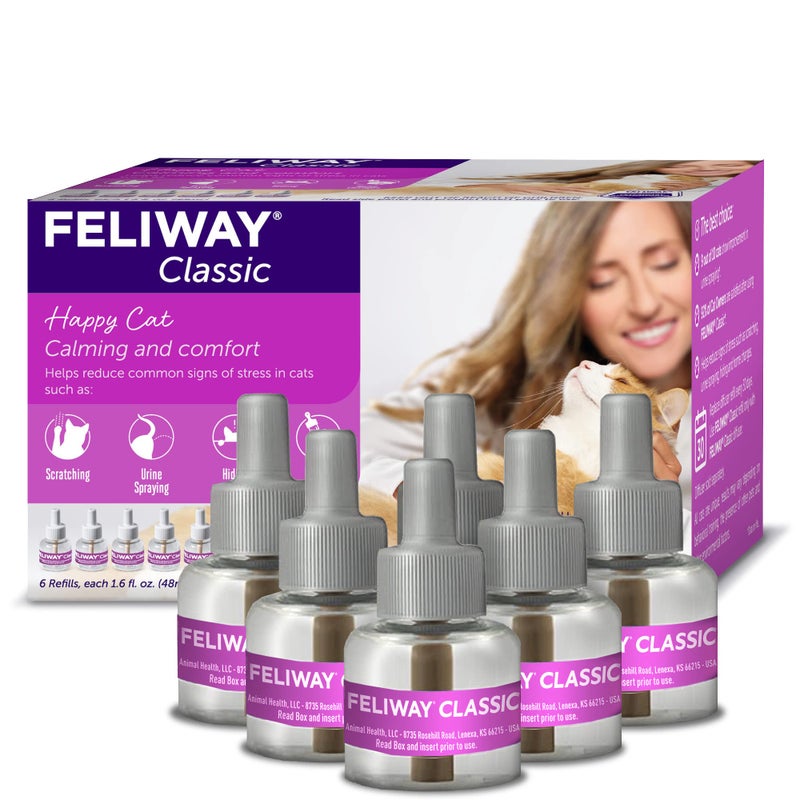 FELIWAYÂ® Classic 6 x 30 Day Cat Calming Refills for Pheromone Diffuser, 6 x 48ml Value Pack - Helps Reduce Common Signs of Stress in Cats & Kittens, Enhanced Calming - Image 1