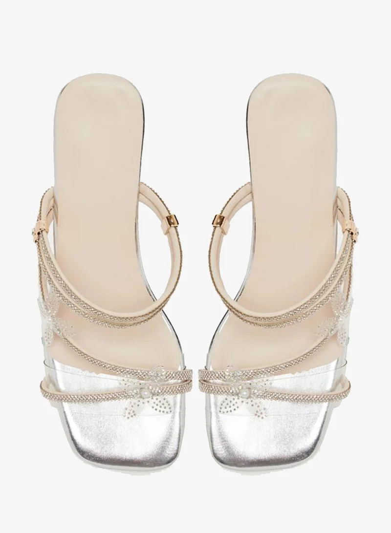 Take Two  Women Silver Rhinestone Butterfly Block Heel Sandals for Women | Best Price UAE