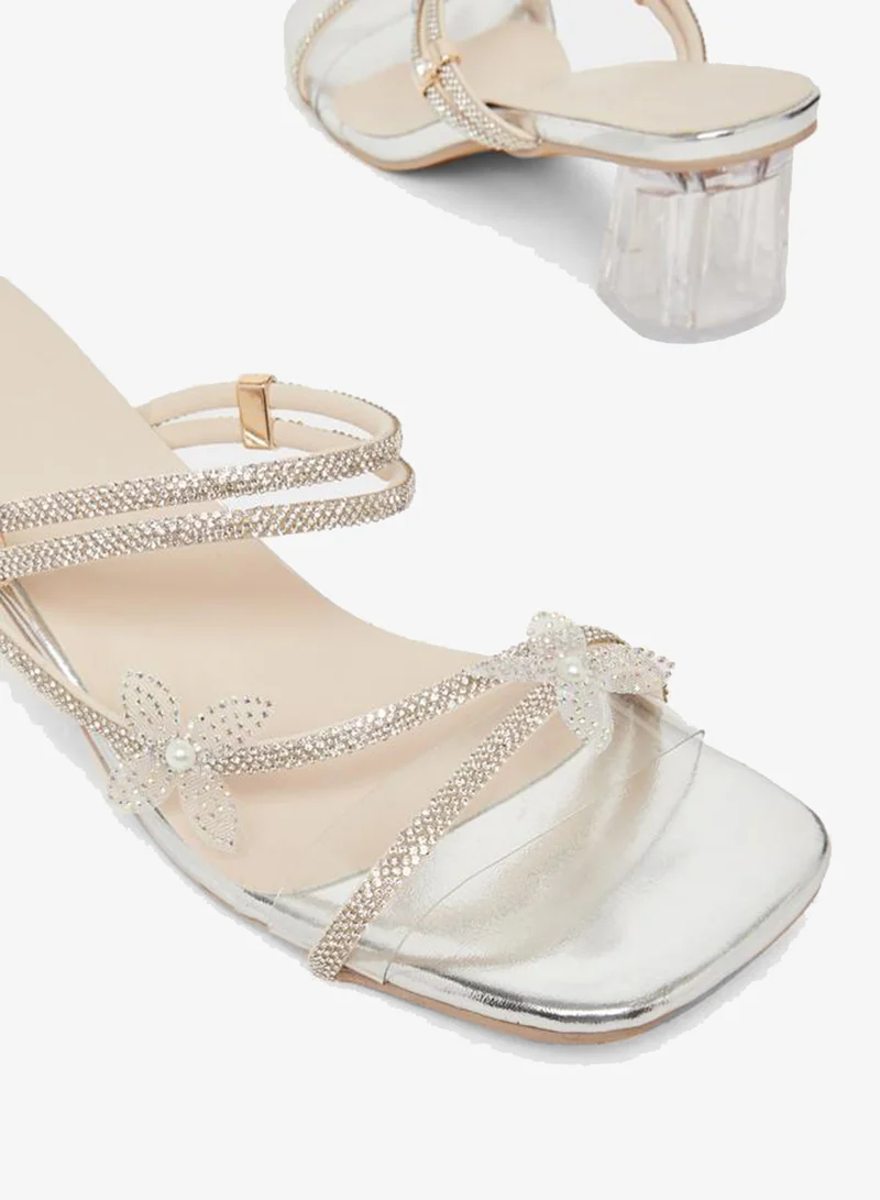 Take Two Women Silver Rhinestone Butterfly Block Heel Sandals