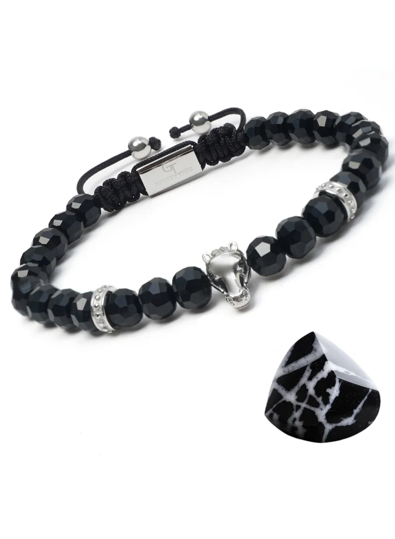 Lunnora Lunnora Black Onyx Natural Stone Bead Bracelet with Silver Arabian horse skull – Bracelet for Men, Men’s Bracelet, Gifts for Men, Bracelets for Men – 100% Natural, Adjustable One Size Fits All