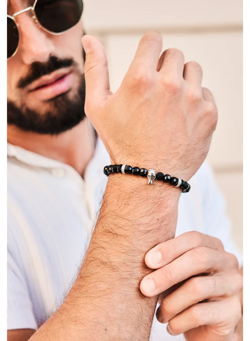 Lunnora Lunnora Black Onyx Natural Stone Bead Bracelet with Silver Arabian horse skull – Bracelet for Men, Men’s Bracelet, Gifts for Men, Bracelets for Men – 100% Natural, Adjustable One Size Fits All