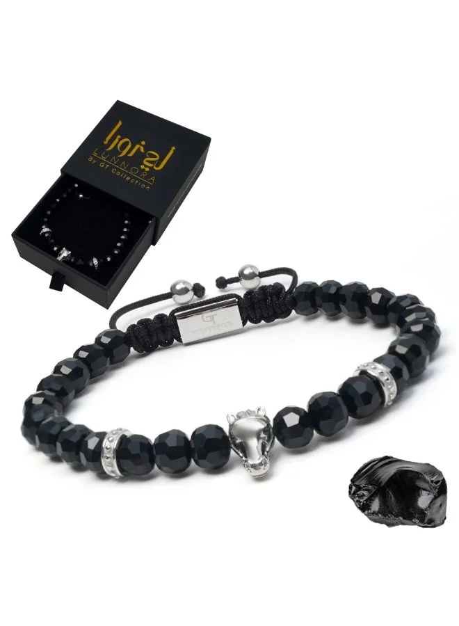 لونورا سوار لونورا من خرز حجر العقيق الأسود الطبيعي مع جمجمة حصان عربي فضية - سوار للرجال، سوار رجالي، هدايا للرجال، أساور للرجال - طبيعي 100%، قابل للتعديل بمقاس واحد يناسب الجميع