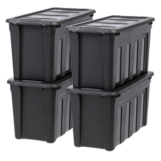 USA 31 GALLON HEAVY DUTY STORAGE TOTES WITH EASYGRIP HANDLES 4 PACK LARGE BINS WITH LIDS GARAGE ORGANIZING TUBS DURABLE STACKABLE UTILITY CONTAINERS MADE IN USA BLACK