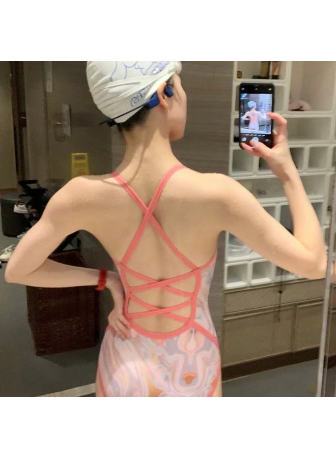 Generic Vintage Simple Slim-Fit Slimming Classic Double Shoulder Strap Small Chest Girl Swimming Class Student Swimsuit Women's Swimsuit-Color:Printing Powder-Size:S - Image 5