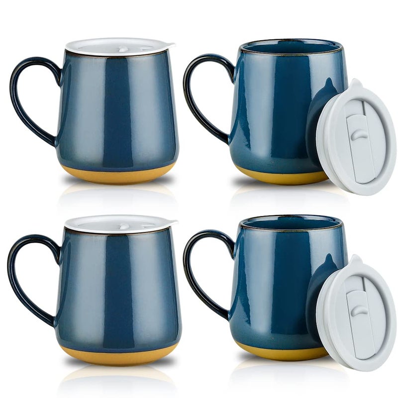 HVH Farmhouse Style Ceramic Mug Set of 4 17oz with Lid Large Handle for Coffee Tea More Blue