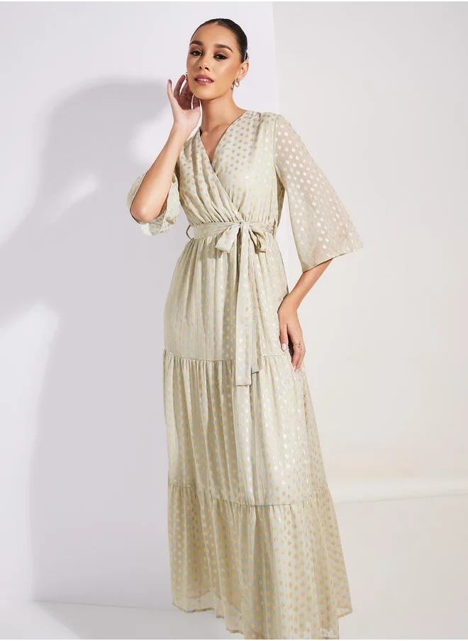 Styli Lurex Foil Print Wrap Front Maxi Dress
