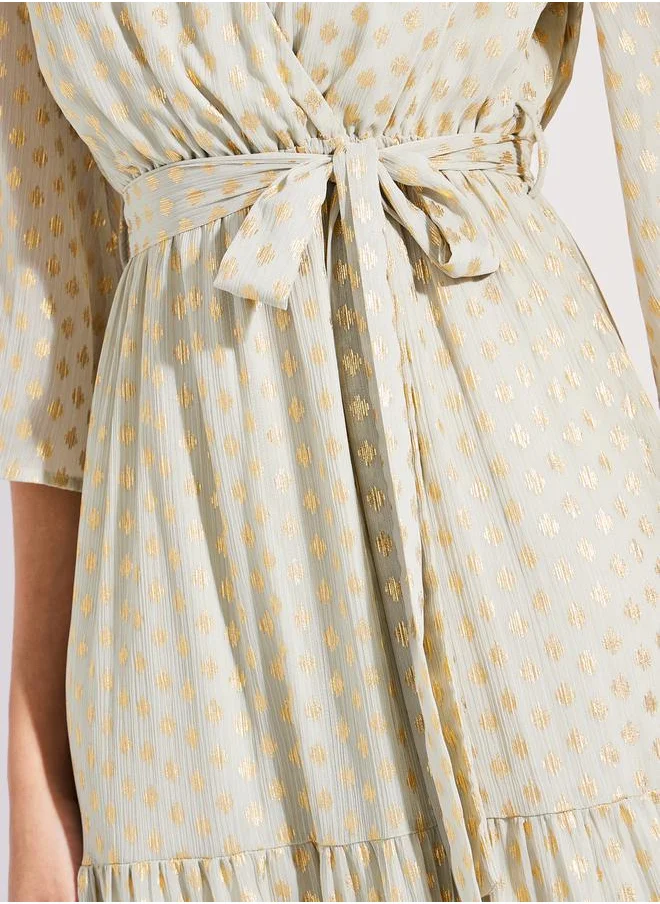 Styli Lurex Foil Print Wrap Front Maxi Dress
