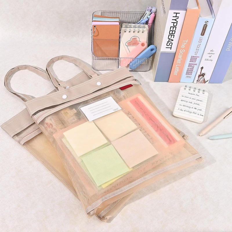 KASTWAVE 2-Pack Mesh Zipper Pouch Bags with Handles, Double-Layer Nylon Document File Storage Bags with Label Pocket for Office Supplies, School Materials, and Travel (Khaki,A4) - Image 5