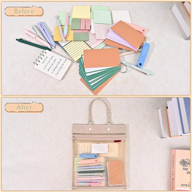 KASTWAVE 2-Pack Mesh Zipper Pouch Bags with Handles, Double-Layer Nylon Document File Storage Bags with Label Pocket for Office Supplies, School Materials, and Travel (Khaki,A4) - Image 2