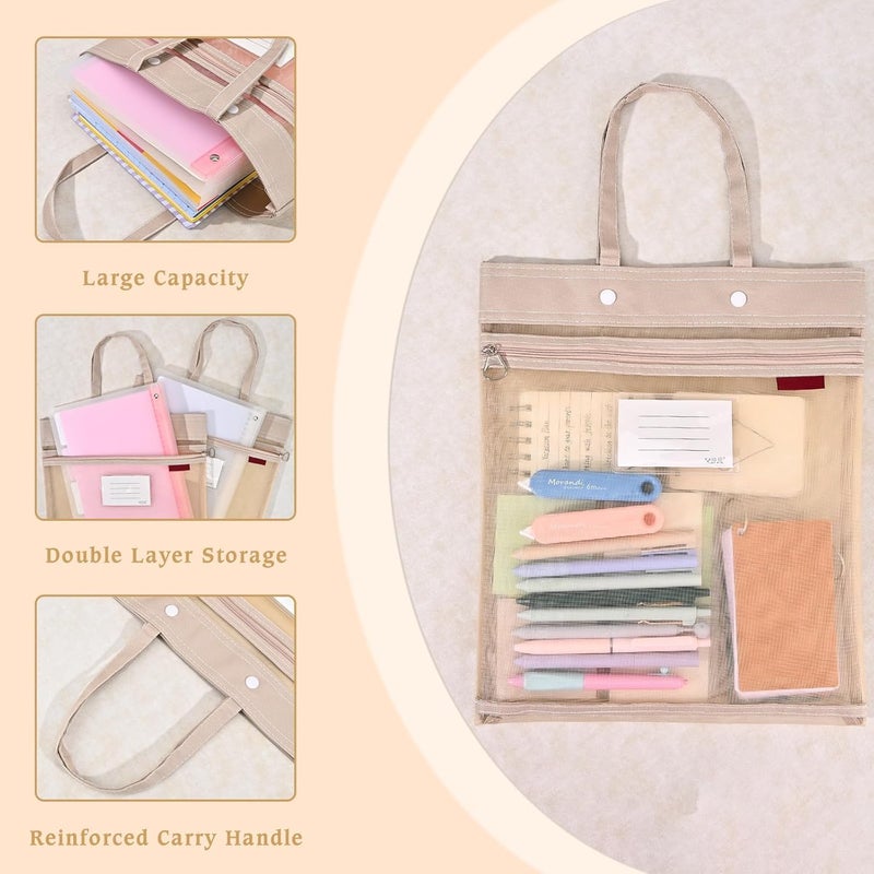 KASTWAVE 2-Pack Mesh Zipper Pouch Bags with Handles, Double-Layer Nylon Document File Storage Bags with Label Pocket for Office Supplies, School Materials, and Travel (Khaki,A4) - Image 4