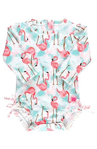 RuffleButts Baby Girls UPF 50+ Sun Protection Tropical Print Long Sleeve One Piece Rash Guard Swimsuit with Zipper - Vibrant Flamingo, 3T - Image 4