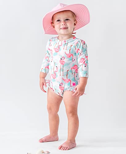 RuffleButts Baby Girls UPF 50+ Sun Protection Tropical Print Long Sleeve One Piece Rash Guard Swimsuit with Zipper - Vibrant Flamingo, 3T - Image 3