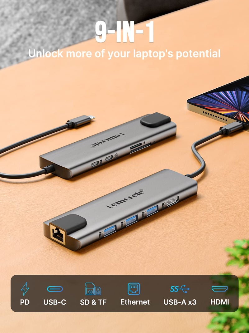 Lemorele USB-C Hub for Laptop with 4K HDMI Port | 9-in-1, 100W PD, Gigabit Ethernet, 3 USB 3.0 + USB-C Data Ports, SD/TF Card Reader, Compatible with HP/Lenovo/Dell Laptops - Image 2