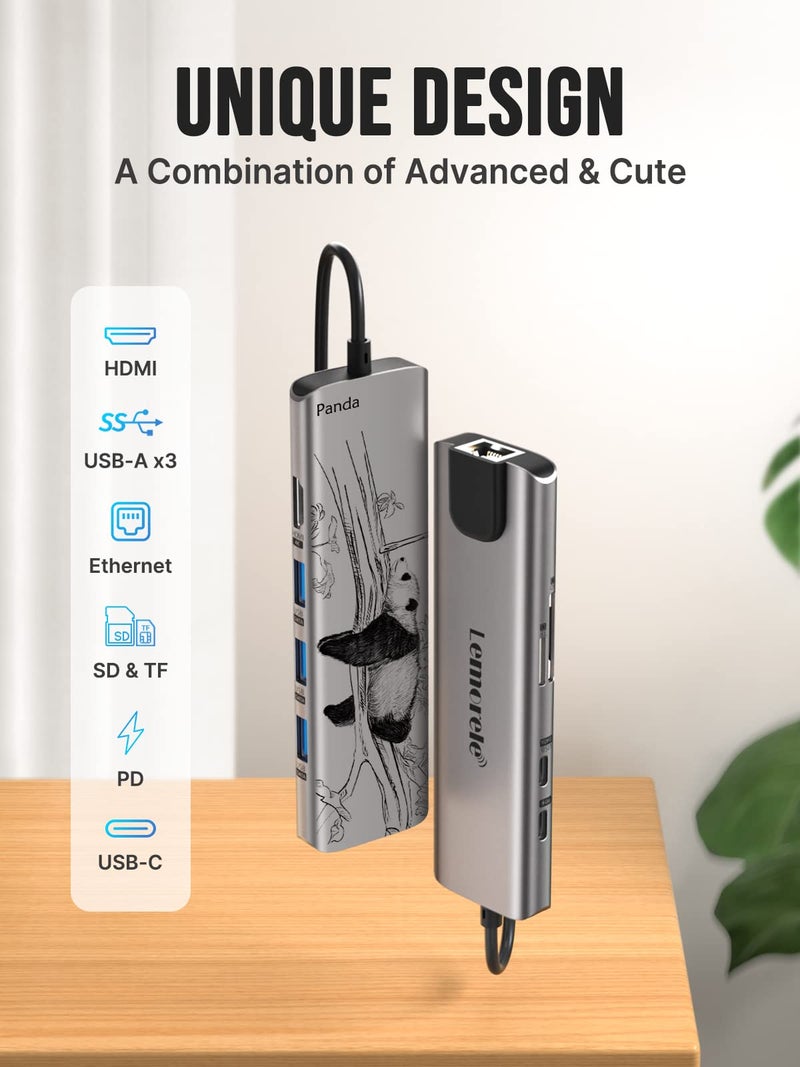 Lemorele USB-C Hub for Laptop with 4K HDMI Port | 9-in-1, 100W PD, Gigabit Ethernet, 3 USB 3.0 + USB-C Data Ports, SD/TF Card Reader, Compatible with HP/Lenovo/Dell Laptops - Image 3